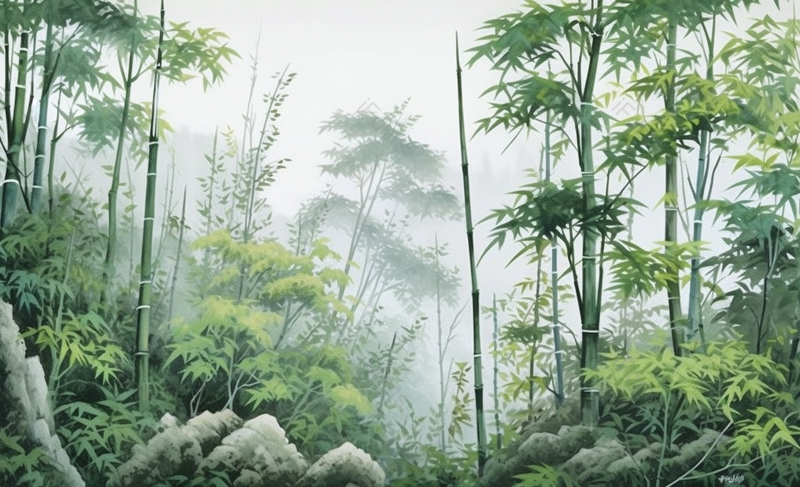 清晨的竹林云雾环绕风景画,插画/手绘图,插画/手绘图库,插画/手绘图下载,插画/手绘